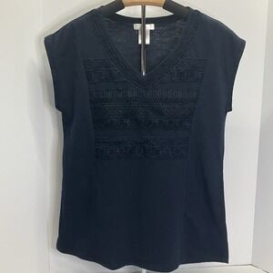 Isela Womens Navy Blue Lace Cap Sleeve V Neck‎ Top Shirt Size S